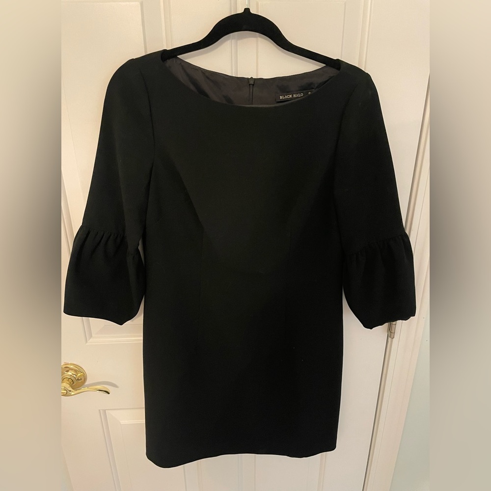Black, Black Halo mini dress with bell sleeves; size 8